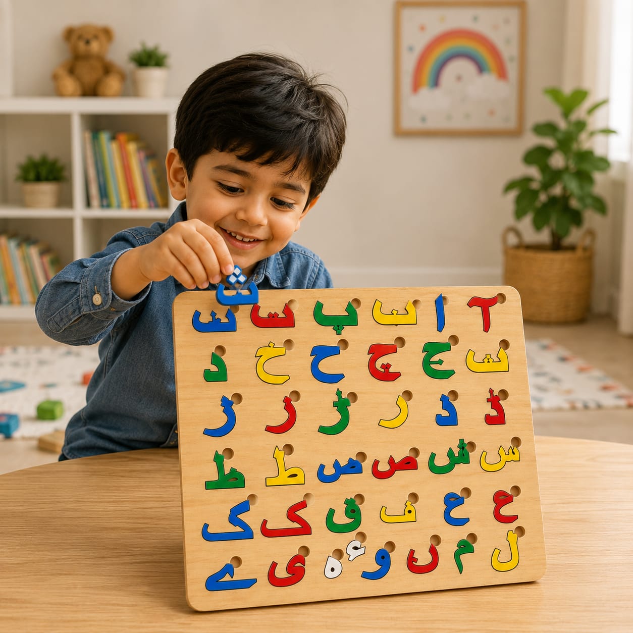 Wooden Educational Puzzle Board for Kids – ABC, Urdu Haroof, Math & Shapes Learning Toy