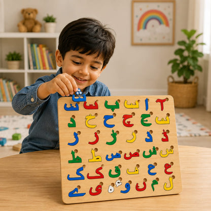 Wooden Educational Puzzle Board for Kids – ABC, Urdu Haroof, Math & Shapes Learning Toy