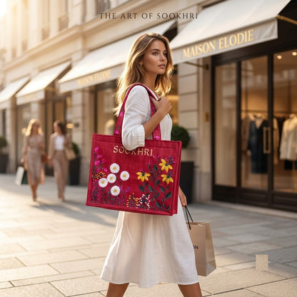 SOOKHRI Embroidered Floral Jute Tote Bag