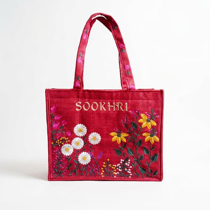 SOOKHRI Embroidered Floral Jute Tote Bag
