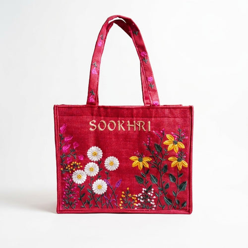 SOOKHRI Embroidered Floral Jute Tote Bag