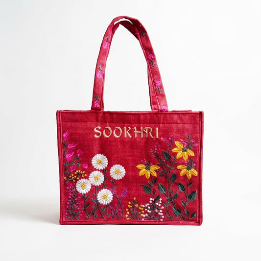SOOKHRI Embroidered Floral Jute Tote Bag