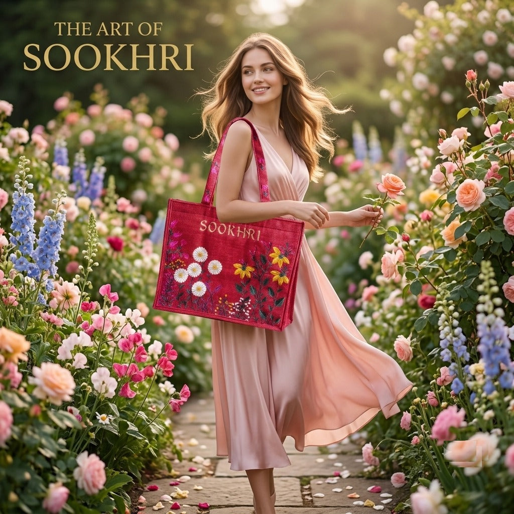 SOOKHRI Embroidered Floral Jute Tote Bag