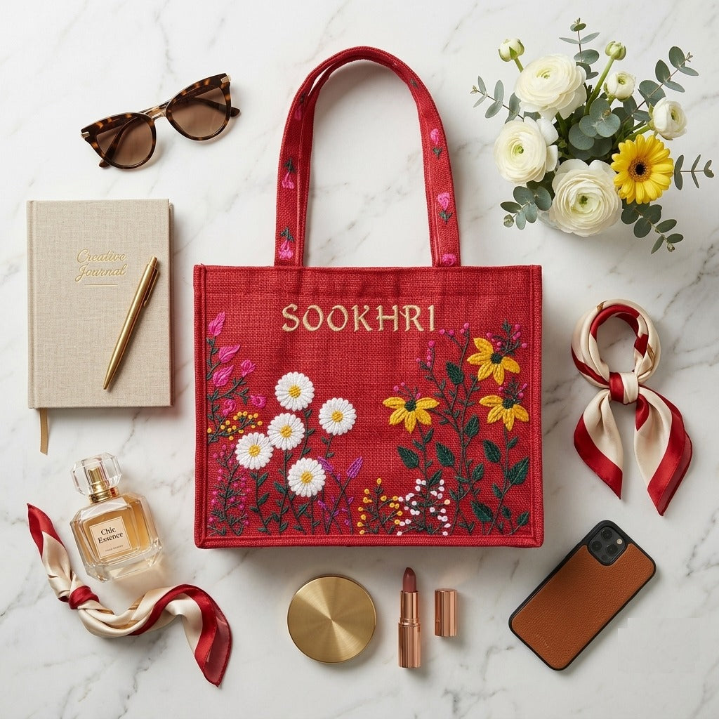 SOOKHRI Embroidered Floral Jute Tote Bag