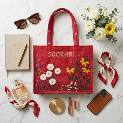 SOOKHRI Embroidered Floral Jute Tote Bag