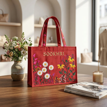 SOOKHRI Embroidered Floral Jute Tote Bag