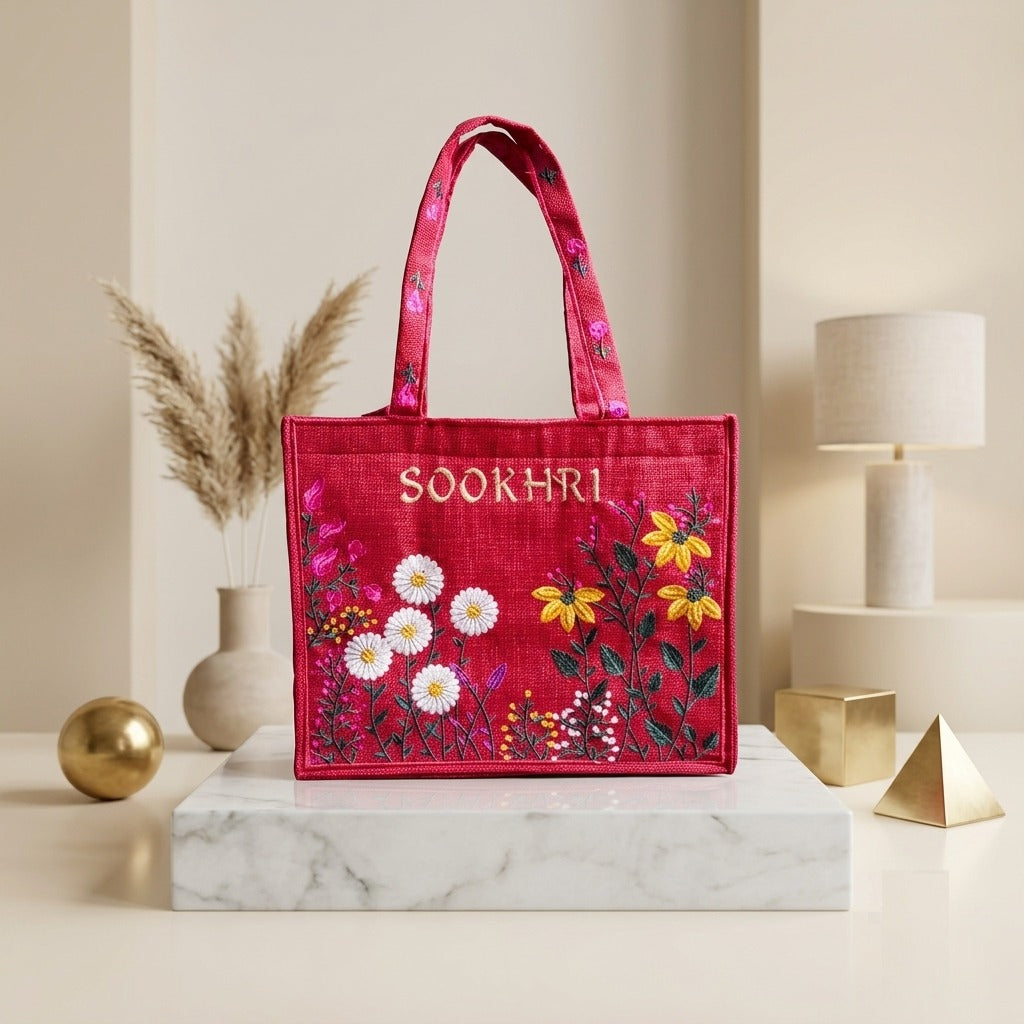 SOOKHRI Embroidered Floral Jute Tote Bag