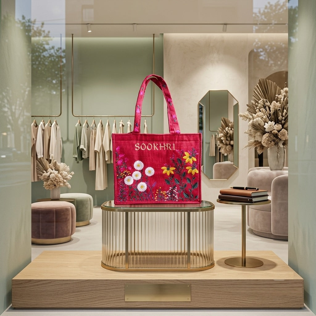 SOOKHRI Embroidered Floral Jute Tote Bag