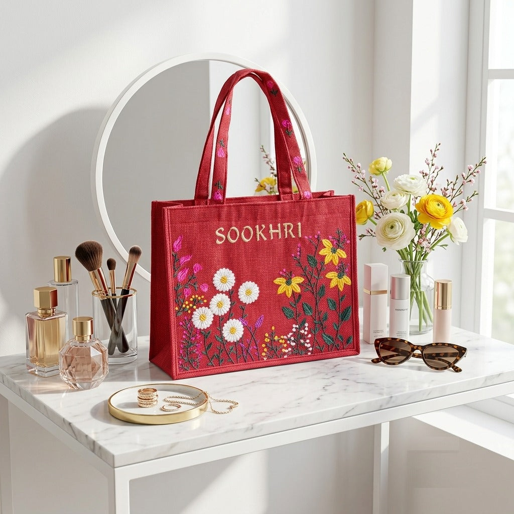 SOOKHRI Embroidered Floral Jute Tote Bag