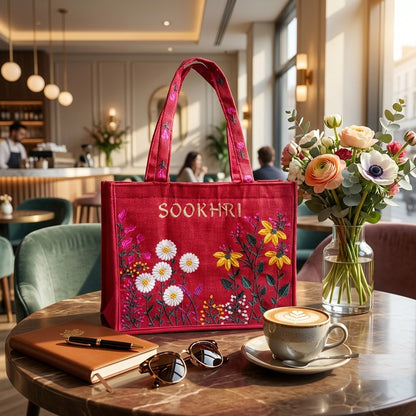 SOOKHRI Embroidered Floral Jute Tote Bag