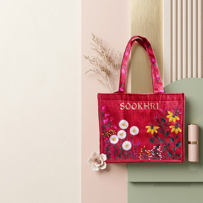 SOOKHRI Embroidered Floral Jute Tote Bag