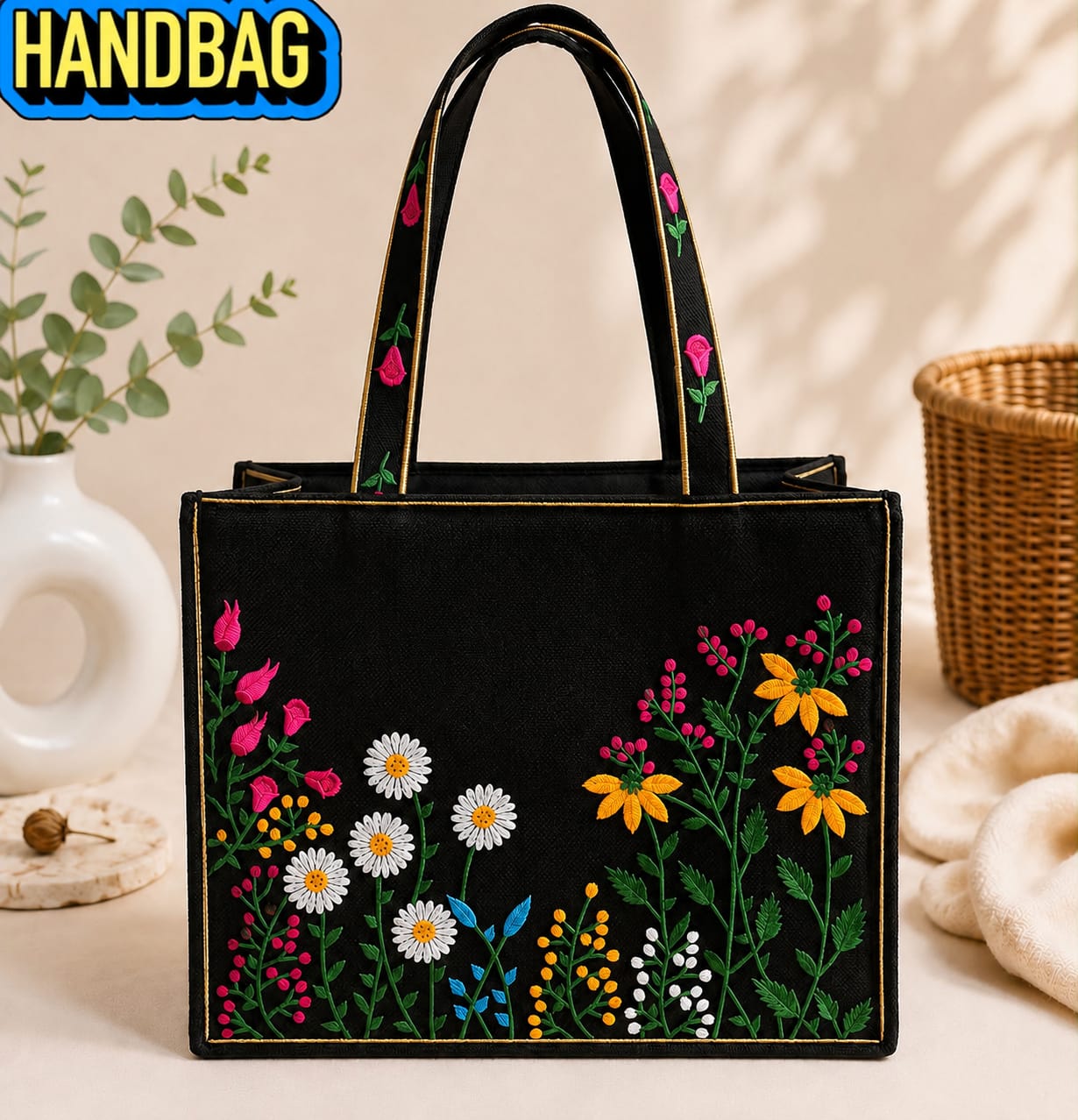 SOOKHRI Embroidered Floral Jute Tote Bag