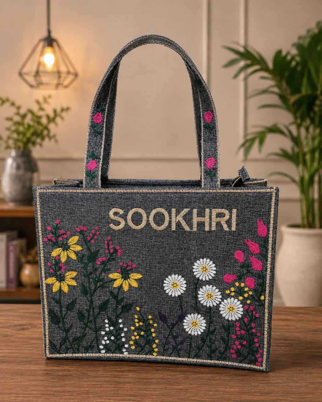 SOOKHRI Embroidered Floral Jute Tote Bag
