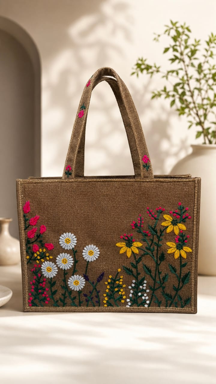 SOOKHRI Embroidered Floral Jute Tote Bag