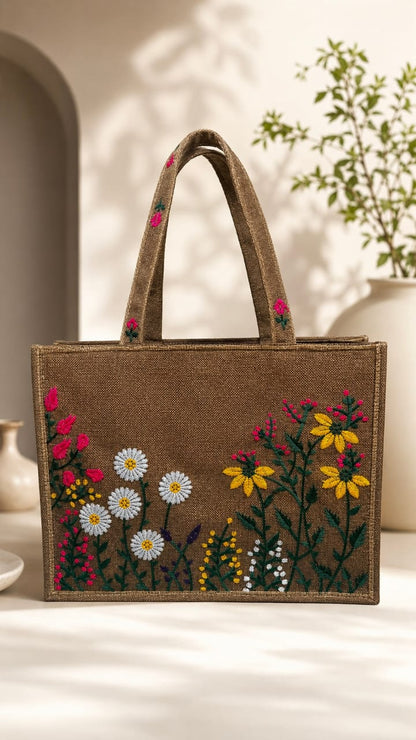 SOOKHRI Embroidered Floral Jute Tote Bag