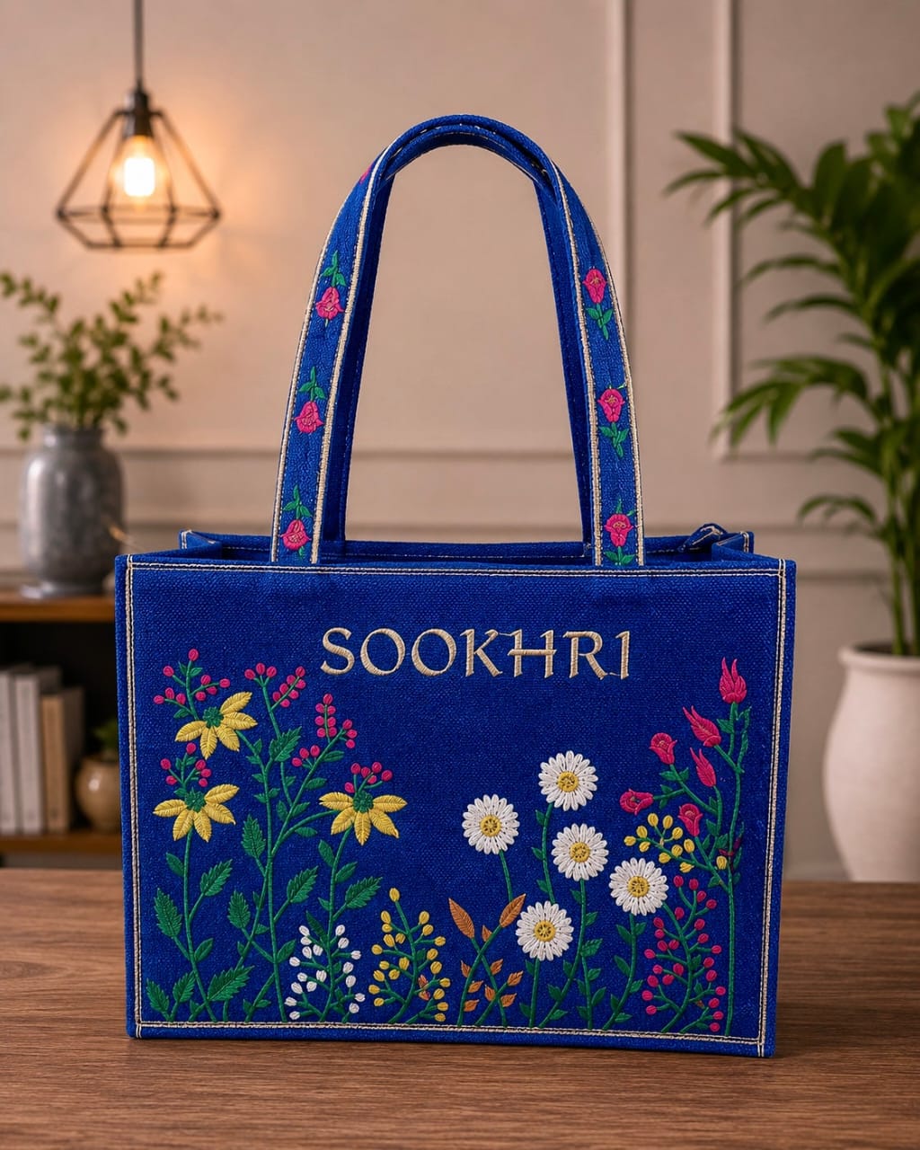 SOOKHRI Embroidered Floral Jute Tote Bag