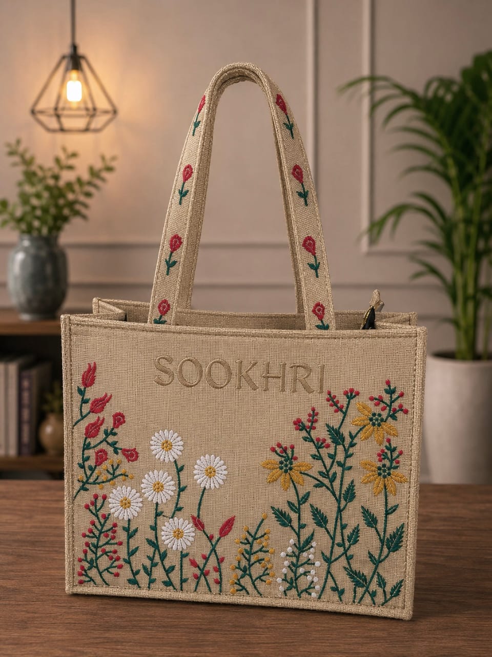 SOOKHRI Embroidered Floral Jute Tote Bag