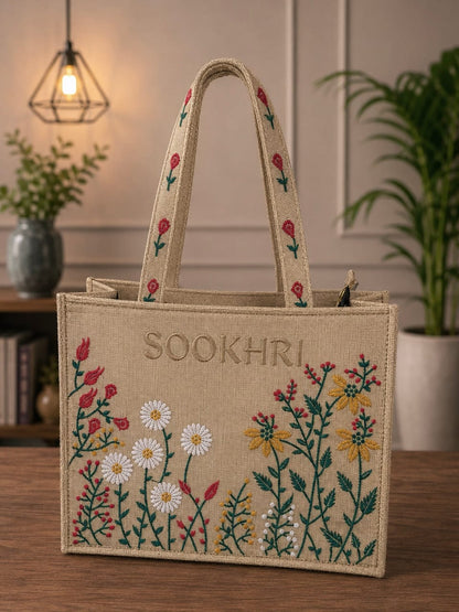 SOOKHRI Embroidered Floral Jute Tote Bag