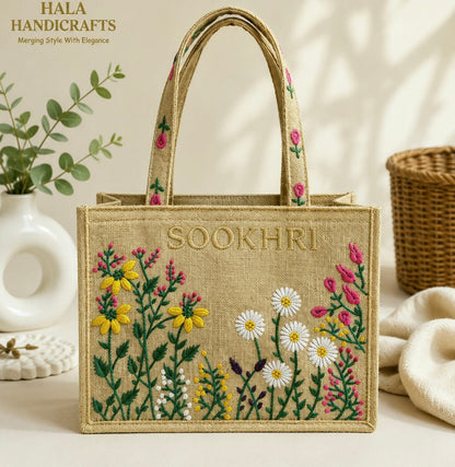 SOOKHRI Embroidered Floral Jute Tote Bag