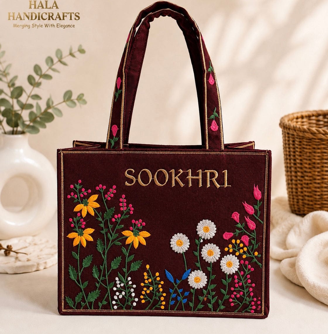 SOOKHRI Embroidered Floral Jute Tote Bag
